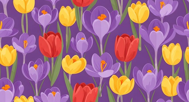 Colorful spring tulips and crocus flowers seamless pattern.