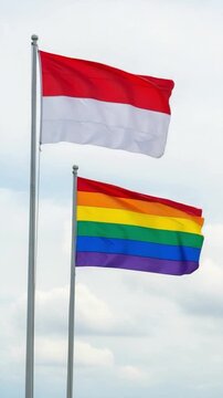 Indonesian flag and rainbow pride flag waving on poles against a cloudy sky representing freedom and diversity