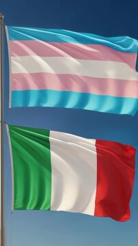 Transgender and Italian flags waving together against a blue sky, representing diversity, national pride, and global LGBTQ+ solidarity in a modern concept