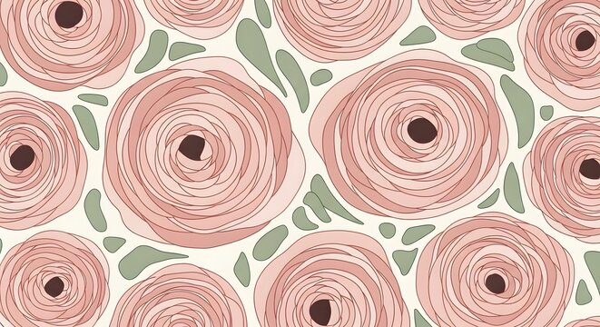 Seamless pattern of delicate pink roses with green leaves.