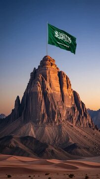 Saudi Arabia flag flying high on top of a majestic desert mountain peak at sunset representing national pride and patriotism