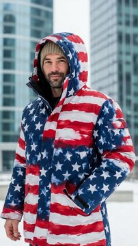 Adult man wearing an American flag winter parka coat outdoors in a city setting for patriotic concepts and cold weather apparel