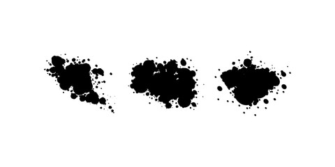 Obraz premium Three black ink splash silhouettes display various splatter sizes and densities ideal for creative street art graphics or dark grunge design elements.
