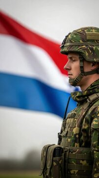 Young caucasian male soldier in camouflage uniform standing proudly in front of the Dutch national flag