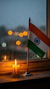 Indian flag and burning candle by a rainy window representing patriotism and hope
