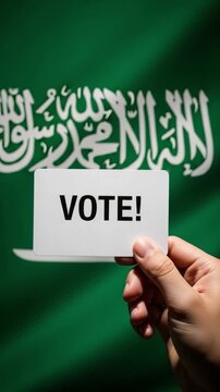Hand holding vote card in front of Saudi Arabia flag representing elections democracy and civic participation in the Middle East
