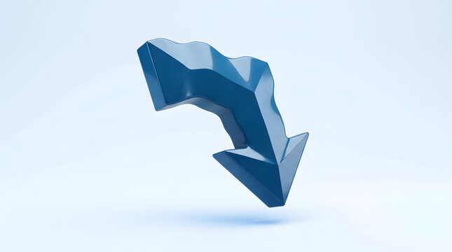 Glossy blue three dimensional arrow pointing downwards indicates financial decline business loss or market recession trends.