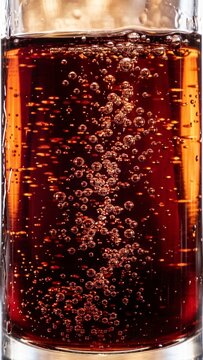 Carbonated cola soda bubbles rising in a glass with bright backlighting macro