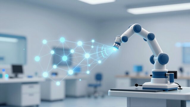 robotic arm laboratory setting arm white blue color positioned white table has long arm blue light emanating which connected network interconnected lines dots lines connected creating network like