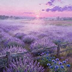 Obraz premium Misty Sunrise Over Lavender Field With Wooden Fence