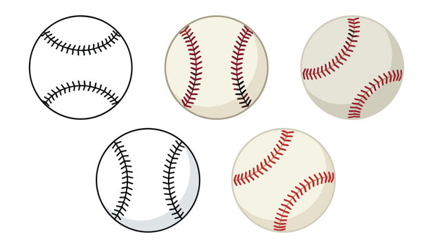 Baseball ball vector illustration set with red stitches and black outline icons for sports equipment design elements
