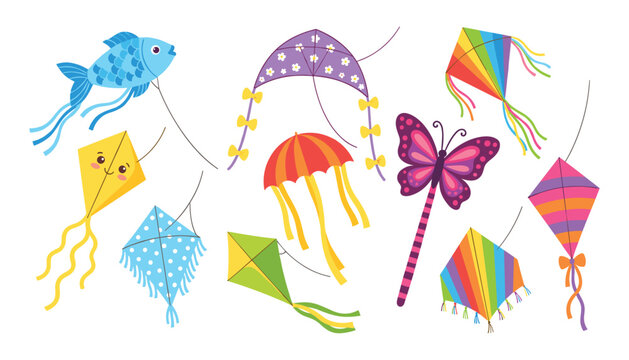Colorful flying kites vector set featuring cute fish butterfly diamond and rainbow shapes isolated on white background for outdoor summer fun