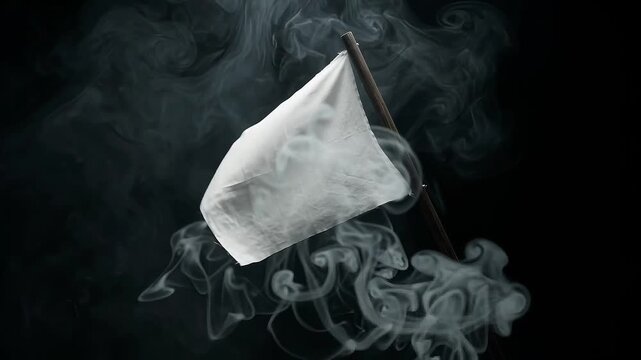 a white flag on a wooden pole rises through curling smoke against a black background