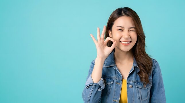 Smiling woman winking and showing OK sign on blue background