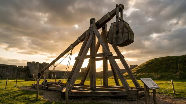 Medieval trebuchet at sunset in a historic castle landscape