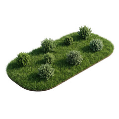 Fototapeta premium Lush green grass patch with small shrubs, isolated garden landscape element, 3D render of lawn turf with bushes for architectural visualization