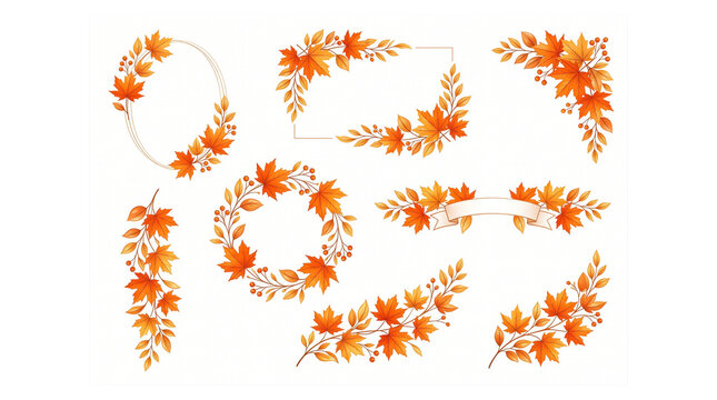 Autumn watercolor leaf frames set, orange maple foliage wreaths and borders, fall botanical design elements for invitations