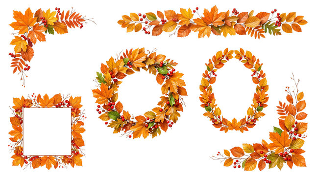 Autumn leaf frames and borders set, orange fall foliage wreaths and corners, seasonal botanical elements for Thanksgiving invitations