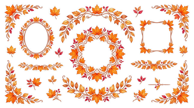 Autumn maple leaf frames and borders set, orange fall foliage wreath collection, watercolor botanical decorative elements for invitations