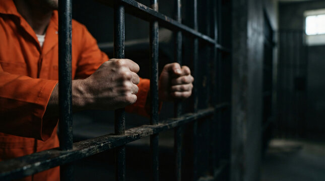 Close up inmate hands bright orange uniform gripping metal prison bars tightly criminal justice system incarceration freedom deprivation concept law enforcement jail cell background punishment