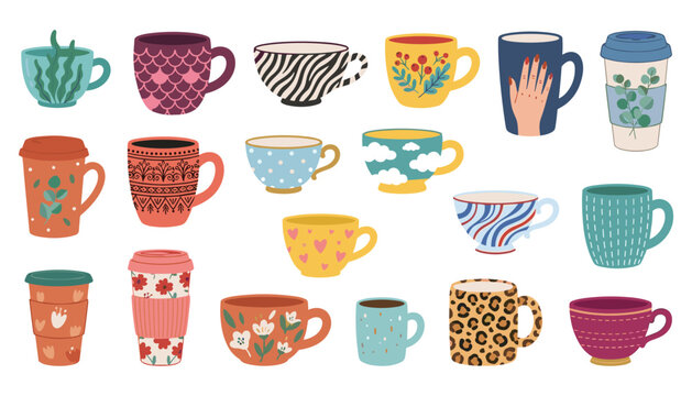 Cute ceramic coffee mugs and tea cups vector illustration set with colorful hand drawn patterns isolated on white background