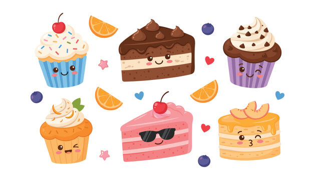 Cute kawaii sweet cakes and cupcakes vector illustration set with various funny cartoon faces isolated on white background