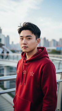 Young Asian man in red hoodie standing outdoors with city skyline background portrait concept