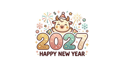 Fototapeta premium Cute Cartoon Ox Celebrating 2027 Happy New Year Illustration