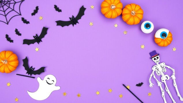 Halloween background with cute ghost skeleton pumpkins bats and eyes on purple