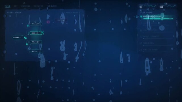 AI agent network dashboard with live data panels and task queue behind rain covered glass