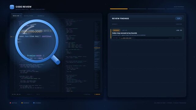 Code review interface with magnifying glass scanning source code and finding software bugs