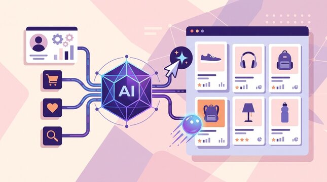 Personalized ai recommendation engine interface showing online shopping experience with product listings based on user interests and search activity history profiles.