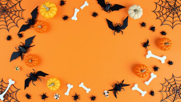 Halloween frame with bats spiders pumpkins and bones on orange background