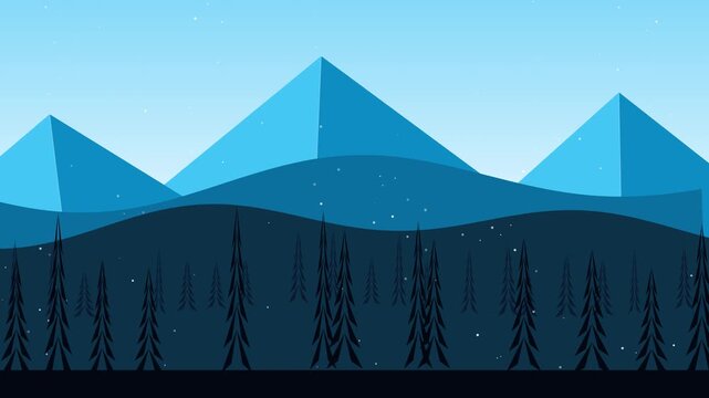 Minimalist mountain landscape with pine forest animation