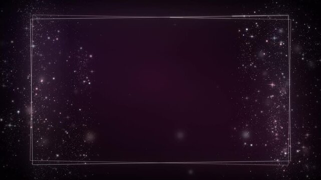 Purple glitter particle background with thin rectangular frame and dark center copy space