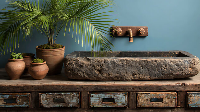 Rustic stone trough bathroom sink with clay cosmetic pots against a teal wall