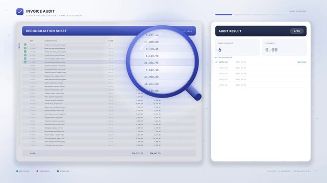 Invoice audit interface with magnifying glass checking ledger rows and flagging a variance