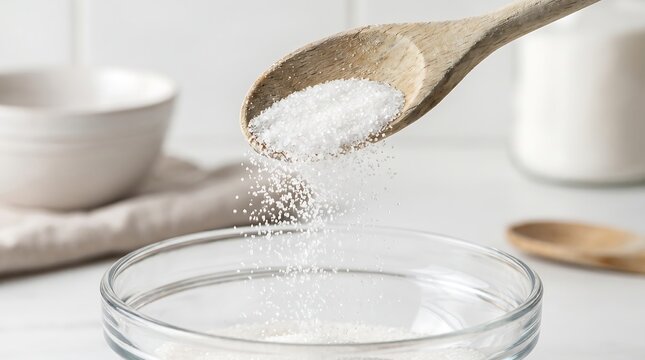 Close Up of White Granulated Sugar Falling from Wooden Spoon with Linen Napkin and Ceramic Bowl