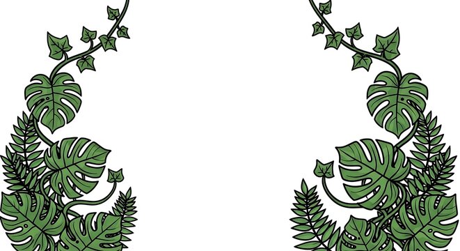 Tropical jungle foliage vines and leaves border design with tropical, botanical