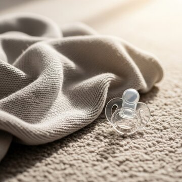 Close-up view of a clear silicone baby pacifier on a textured grey carpet alongside a folded knitted cotton blanket in a bright nursery with soft morning sunlight and shallow focus.