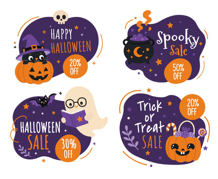 Halloween sale banner set with cute cartoon witch cat, ghost, pumpkin candy bucket, and magic cauldron. Spooky vector illustrations for seasonal discounts, social media ads, and festive marketing. 