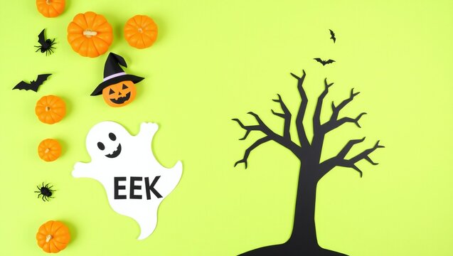 Cute cartoon halloween ghost with text eek and orange pumpkins near a bare tree on a light green background
