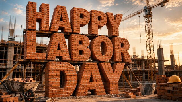 A creative 3D rendering of the words "Happy Labor Day" built entirely from red bricks