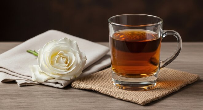 A clear glass mug filled with amber-colored tea placed on a burlap coaster next to a single white rose blossom and a folded grey napkin on a wooden table surface.