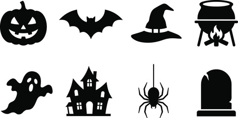 Fototapeta premium Black Halloween Silhouette Icons of Pumpkin Bat Witch Hat Ghost and Haunted House
