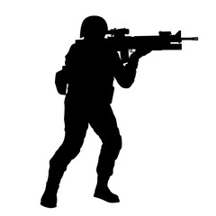 Naklejka premium Soldier shoot waepon silhouette vector, soldier shoot gun silhouette image,for e army war gun on black vector,soldier standing with waepon silhouette image,soldier battle gun silhouette illustration 