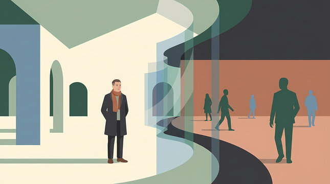 A man stands at the threshold between a structured, light architectural space and a darker, abstract realm with walking silhouettes, symbolizing transition.