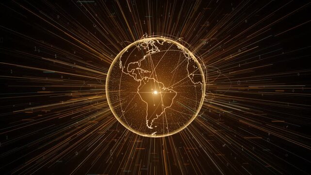 Rotating golden globe with radiating light rays and streaming binary code data