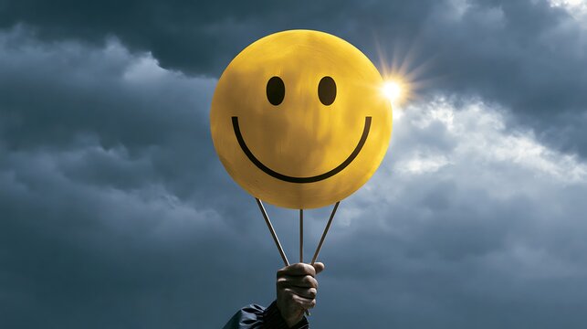 765. A conceptual psychological illustration of Toxic Positivity. A person forcing a bright, painted yellow smiley face onto a dark, thunderous sky, using thin wooden sticks to hold up the fake 