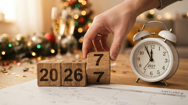 Close up hand flipping final wooden cube block change year numbers 2026 new year 2027 next classic white alarm clock time planning future career resolutions concept calendar celebration background